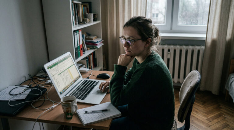 Kobieta w okularach i zielonym swetrze pracuje zdalnie przy laptopie w domowym biurze, z kubkiem herbaty i notatnikiem na biurku, w tle regał z książkami i kaloryfer pod oknem.